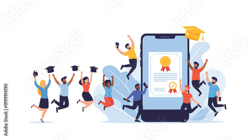 Group of happy graduates jumping and throwing hats around a giant phone displaying an online diploma certificate.