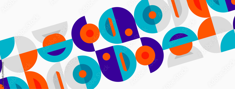 Fototapeta premium Abstract geometric pattern. Circles, arcs, shapes repeat diagonally across white background. Modern design elements present.