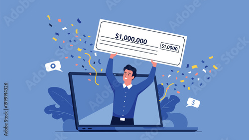 Happy man emerging from a laptop screen while holding a large winning check and surrounded by colorful confetti.