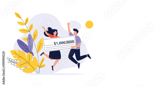 Excited man and woman jumping for joy while holding a large winning lottery check for one million US dollars.