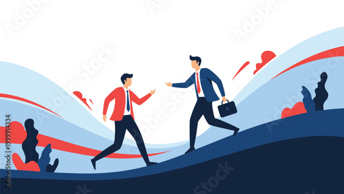 Two professional businessmen running and pointing forward while competing against each other on abstract terrain.