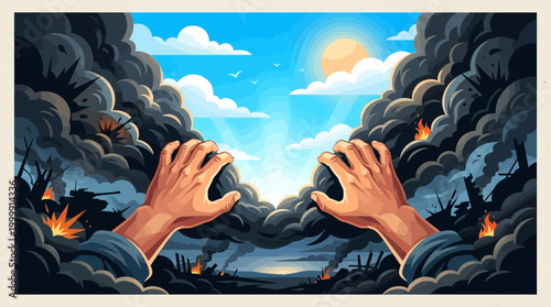 Hands Holding Earth Amidst Smoke and Fire.