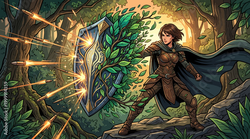 Fantasy Warrior Woman Facing Magical Portal in Forest Scene.