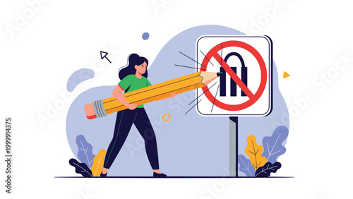 Strong woman using a giant pencil to modify or erase a red prohibition sign containing a black generic symbol.
