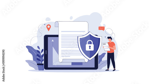 Cybersecurity expert monitoring data protection and security on a large tablet screen with a shield and lock.