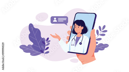 Young patient holding a smartphone during a video consultation with a female doctor for medical advice and care.