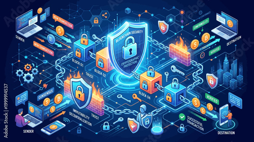 Digital Security Shield with Cyber Protection Icons.