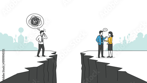 Illustration showing a communication gap with people on opposite sides of a cliff and a confused thought bubble.
