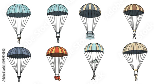 Various parachutes with figures descend from the sky, showcasing.