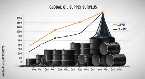 Global Oil Supply Surplus Illustrated with Barrels and Graph.