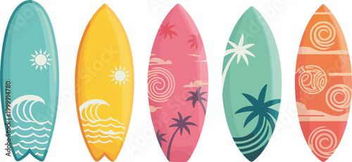 Surfboard collection vector, colorful summer beach boards with wave and palm designs, tropical surf illustration set