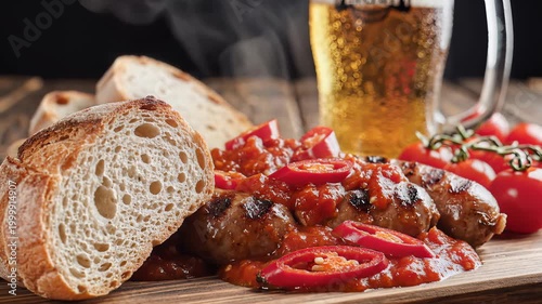 Delicious Sausages with Bread and Beer on a Wooden Board.