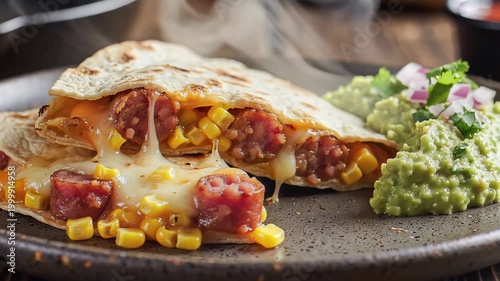 Delicious Chorizo and Corn Quesadilla with Guacamole Side.