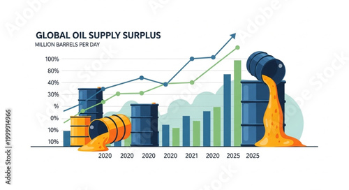Global Oil Supply Surplus Illustrated with Bar Chart and Barrels.