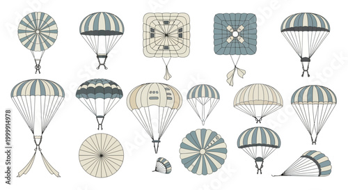 Vintage parachutes and related equipment are displayed from various.