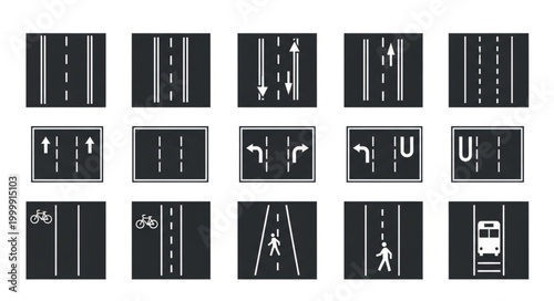 Collection of various road markings and traffic signs illustration.