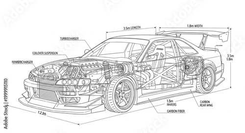 Detailed Technical Drawing of a Sports Car.