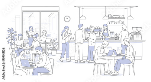 Line drawing of people working and socializing in a modern cafe with tables and a counter.