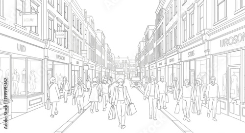 Illustration of a busy city street with people walking and shopping in a sketchy, grayscale urban environment with storefronts and buildings.