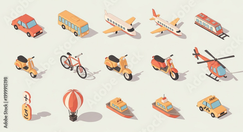 Collection of isometric transportation vehicles and objects.