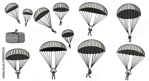 Parachuting figures descend with deployed canopies against white.