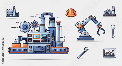 Modern factory with robotic arm and industrial elements illustration.