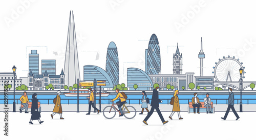 Illustration of people walking and cycling along a riverfront with a city skyline in the background, featuring a mix of modern buildings and a Ferris wheel, with a clean and minimalist