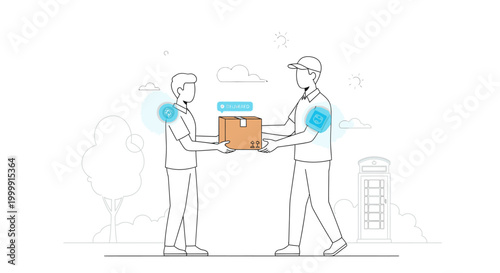 Line drawing of two people exchanging a package in a city setting with a minimalist background.