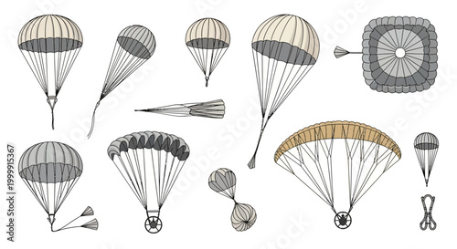 Diverse parachute designs are depicted in a collection of illustrations.