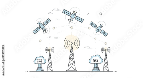 Illustration of a 5G network infrastructure with satellites and cell towers emitting signals in a simple line drawing style on a white background.