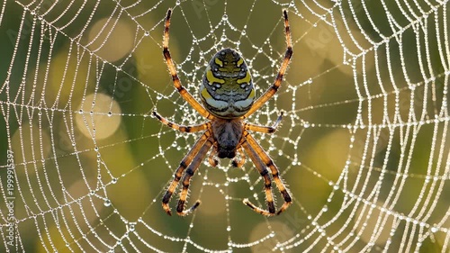 Closeup of a Garden Spider on its DewCovered Web in Morning Light.
