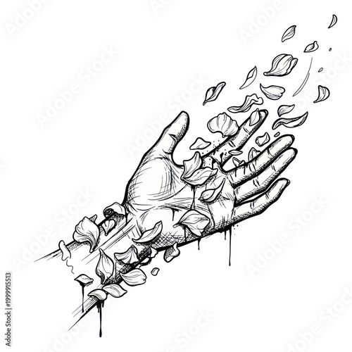 Hand Releasing Petals, Black and White Ink Drawing