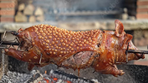 Whole Pig Roasting Slowly Over Open Coals on a Spit.