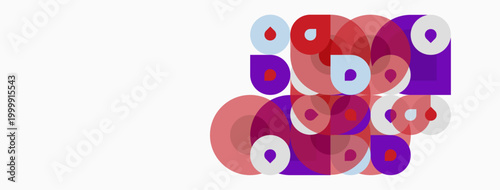 Abstract shapes overlap, creating vibrant composition. Red, purple hues dominate white background. Modern design, playful aesthetic.