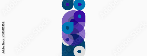 Abstract composition featuring overlapping circles. Purple, blue hues dominate white background. Minimalist design, vertical orientation.
