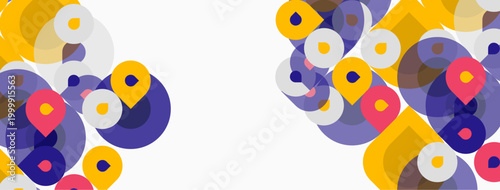 Abstract colorful circles overlap, creating dynamic visual pattern. Yellow, purple, pink dominate composition. Minimalist design.