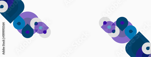 Abstract geometric shapes, circles, rectangles, purple hues dominate white background. Minimalist design, modern aesthetic.