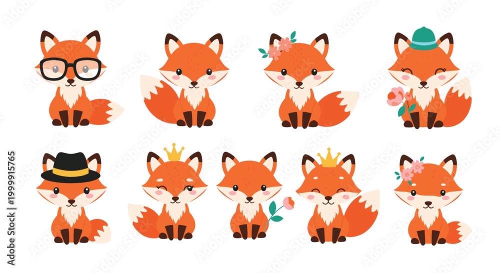 Obraz premium Cute collection of cartoon foxes with various accessories like glasses, crowns, hats, and flowers in different poses.