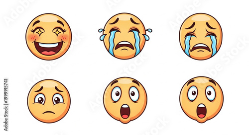 Collection of six different cartoon emoji faces showing various emotions.