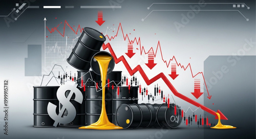 Oil barrels and falling stock market graph symbolizing economic crisis.