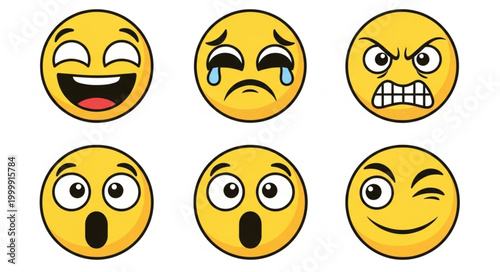 Collection of six expressive emoji faces showing different emotions.