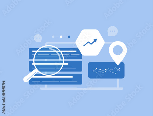Local search optimization with data analysis and ranking metrics in digital dashboard. Analyze search data and location performance for better visibility and customer reach vector illustration