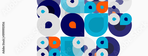 Abstract composition featuring overlapping circles. Various shades blue, orange, gray create dynamic visual texture. Modern, clean design.