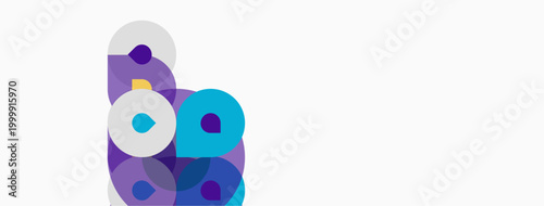 Abstract shapes, purple hues, overlapping circles create modern design. Minimalist composition, clean aesthetic, white background dominates.