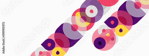 Abstract colorful circles overlap diagonally. Pink, purple, yellow hues dominate white background. Modern design element.