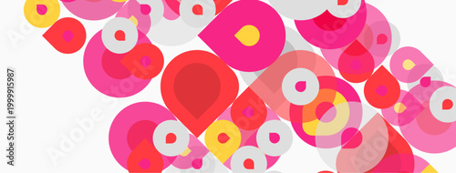 Abstract composition featuring overlapping circles. Pink, red, yellow hues dominate white background. Modern design, playful aesthetic.