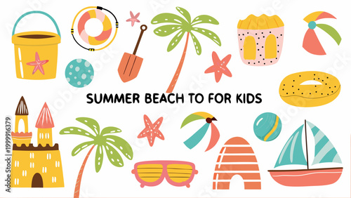 Colorful summer beach toys and accessories for kids illustration collection