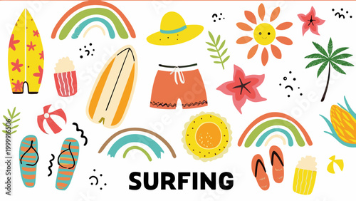Vibrant surfing lifestyle vector set with colorful surfboard rainbow palm tree and summer accessories