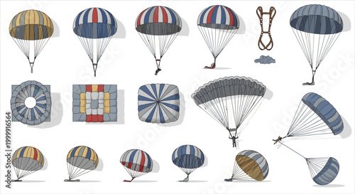 Detailed set of modern parachute components and folded canopy for.