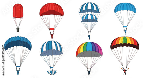 Variety of parachutes in different colors and sizes are shown.